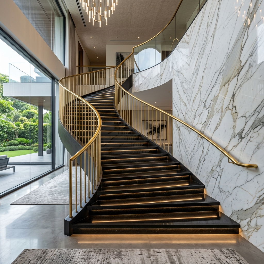 Công trình ốp đá cầu thang granite đen bóng cao cấp