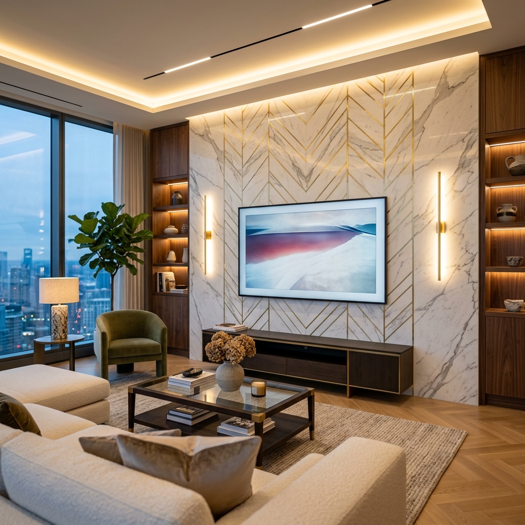 Vách đá marble phòng khách kết hợp viền kim loại vàng