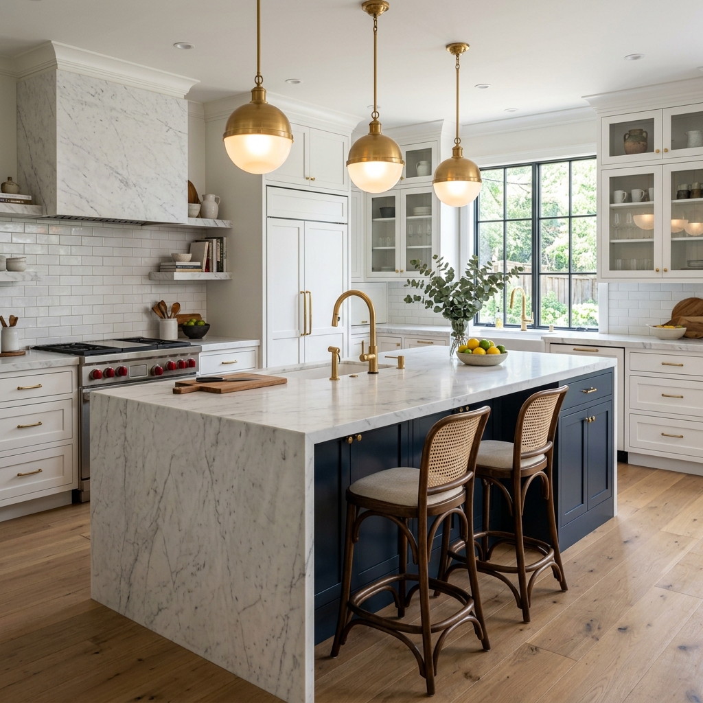 Công trình ốp đá bàn bếp và đảo bếp marble trắng vân mây